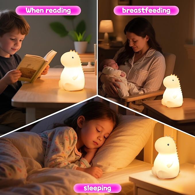 Night Light for Kids, Rechargeable Dimmable Silicone LED Nightlight with 7 Colors, Baby Nursery Night Lamp, Touch Squishy Lamp, Cute Gifts for Girls, Boys, Toddler Room Decor, Dinosaur - Bloomnest