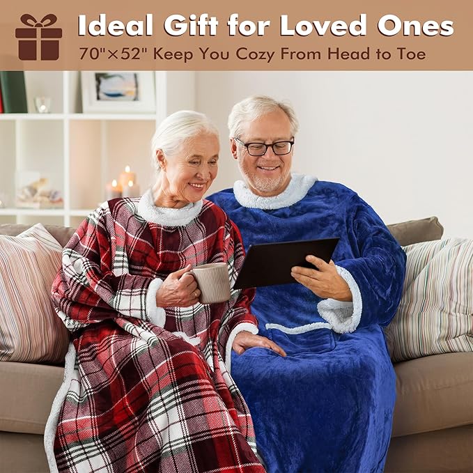 Tirrinia Sherpa Wearable Blanket With Sleeves, Full Body Throw Reading Wrap TV Blankets - Bloomnest