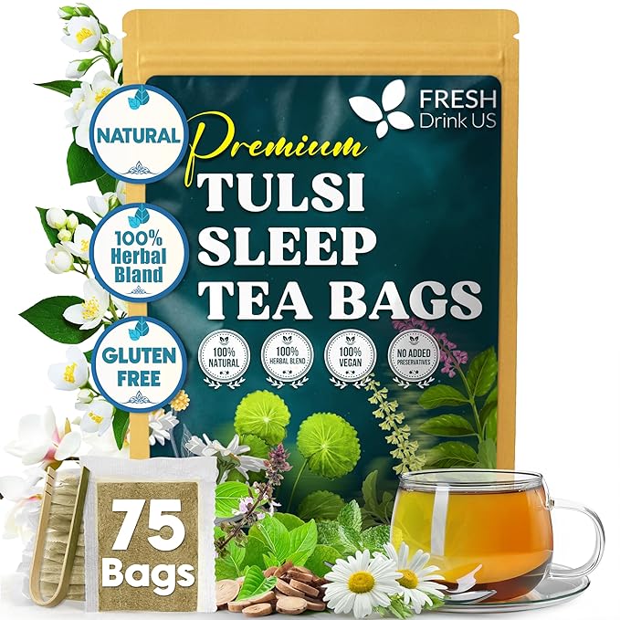 FreshDrinkUS, Tulsi Sleep Tea Bags | 75 Tea Bags | Herbal Blend with Tulsi Holy Basil, Chamomile, Gotu Kola, Ashwagandha & Peppermint | Naturally Caffeine-Free, Relaxing Evening Herbal Tea. Vegan - Bloomnest