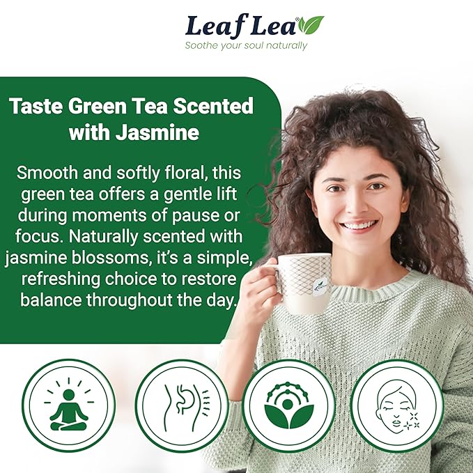 LeafLea 80 Jasmine Green Tea Bags, Green Tea with Natural Jasmine Aroma, Light Focus & Daily Balance, Delicate Floral and Smooth Taste, Caffeinated, Sugar-Free, Non-GMO, Vegan, Individually Wrapped - Bloomnest