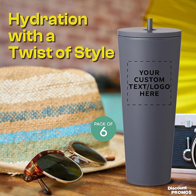 DISCOUNT PROMOS Custom Kenai Plastic Tumblers with Straw 24 oz., Set of 6, Personalized Bulk Pack - Ideal for Busy Professionals, With lids, Ice Coffee Tumbler, To Go Cup, Insulated - Charcoal - Bloomnest