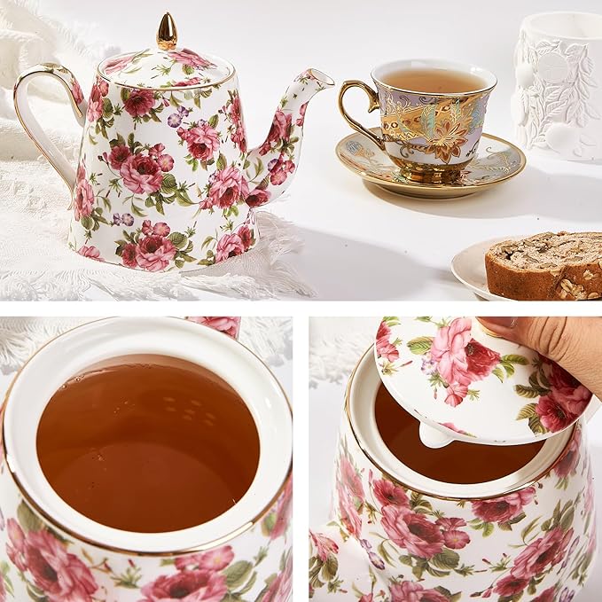 Floral Tea Pot, 30 OZ Ceramic Vintage Teapots, Porcelain Cute Tea Pot with Pink Roses and Gold Trim, Decorative Teapot for Tea Party, Housewarming, Christmas, Thanksgiving Gifts - Bloomnest