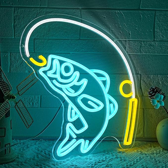 Fishing Neon Sign for Wall Decor Fish Neon Light Fishing Hook Neon Light Sign Go Fishing LED Light for Fishing Shop Fishing Gear Store Fisher Club Room Man Cave - Bloomnest