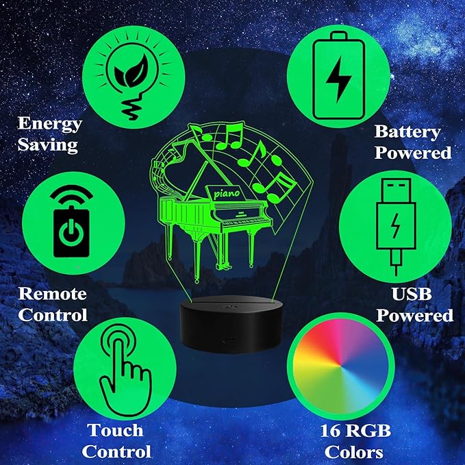 Piano Night Light, Music Piano Gifts, 3D Illusion Lamp with Remote Control, 16 RGB Colors, 4 Flashing Modes, Timer, Dimmable, Kids Music Room Decoration for Holiday Birthday Christmas - Bloomnest