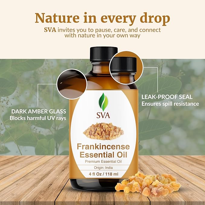 SVA Frankincense Essential Oil – 4 Fl Oz – 100% Natural Boswellia Serrata Oil - for Diffuser, Hair Care, Face, Skin Care, Aromatherapy, Scalp and Body Massage, Soap and Candle Making – with Dropper - Bloomnest