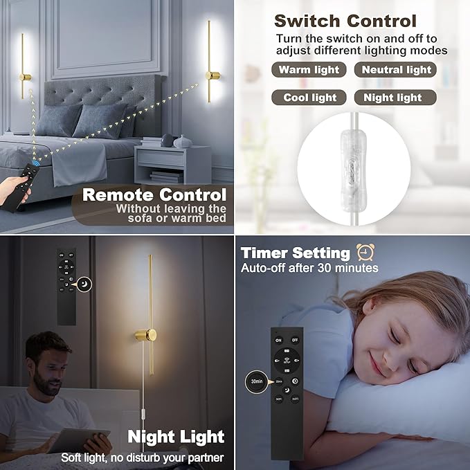 Wall Sconces Set of Two with Remote, Stepless Colors 3000K-6500K & Stepless Dimming, Hardwire or Plug-in, 180° Rotate, LED Gold Plug in Wall Sconces with Timer & Night Light, 39.4 Inches - Bloomnest