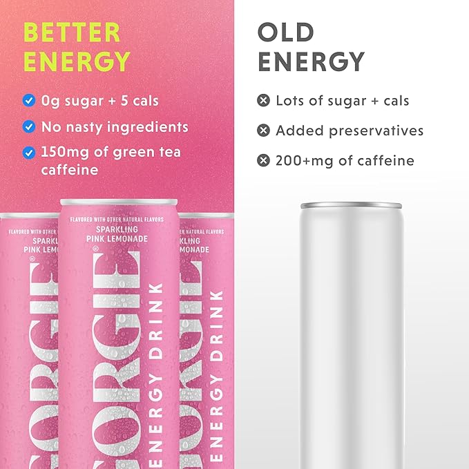 GORGIE Sugar-Free Natural Energy Drinks, Pink Lemonade (12 Pack) - Healthy Energy Drink - Natural Coffee Replacement with Green Tea Caffeine and Biotin, 150mg Caffeine, Vegan, Low Calorie - Bloomnest