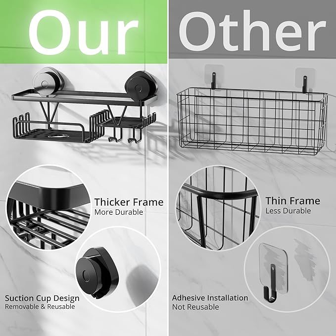 KEGII Shower Caddy Suction Cup with Soap Holder and Hooks, Removable Suction Bathroom Organizer Shelf, No Drilling Shower Organizer, Stainless Steel Shampoo Holder for Bathroom Storage, Black - Bloomnest