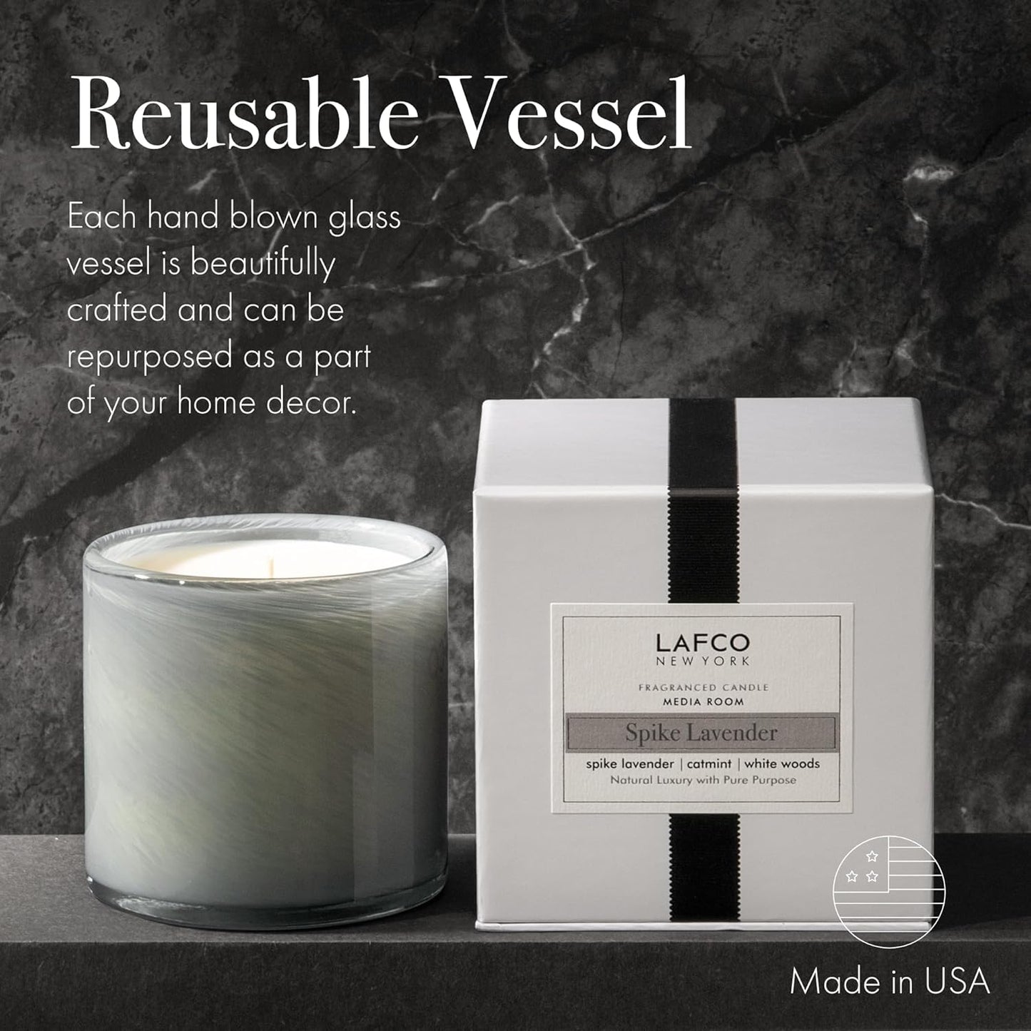 LAFCO New York Signature Candle, Spike Lavender - 15.5 oz - 90-Hour Burn Time - Reusable, Hand Blown Glass Vessel - Made in The USA