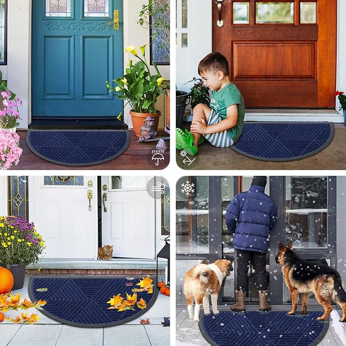 Smiry Half Circle Front Door Mat Outside Entrance, Heavy Duty Sturdy Natural Rubber Doormat, Trap Dirt and Moisture, Low Profile Mats for Indoor Outdoor Entry, Irregular Triangle (47x32, Navy Blue) - Bloomnest