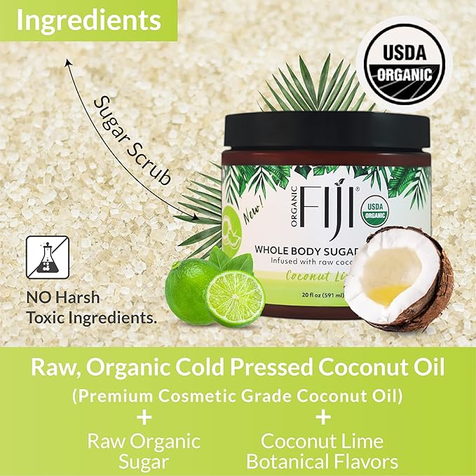 Organic Fiji Whole Body Scrub - Infused with Coconut Oil, Exfoliating Sugar Scrub for Smooth and Soft Skin, Exfoliates & Restores Skin's Natural Biosphere, Coconut Lime 20 oz