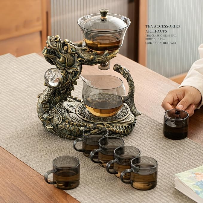 Dragon Lazy Tea Set, Semi Automatic Dragon Tea Set, Glass Magnetic Teapot Set with Infuser, Semi Automatic Tea Drip Pot Set for father's birthday, Christmas gift