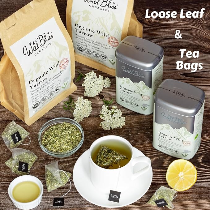 Wild Bliss Organic Yarrow Flower Tea - Caffeine Free Loose Leaf Herbal Tea - Pharmacopoeia Potency - 7 Ounces - 100 Servings - Bloomnest