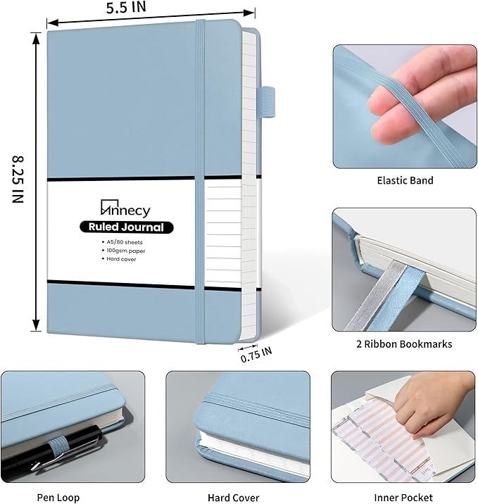 Annecy Lined Journal Notebook, Hardcover Leather Journal for Women & Men, 160 Numbered Pages, Medium 5.5" x 8.25", 100 GSM Thick Paper, Haze Blue - Bloomnest