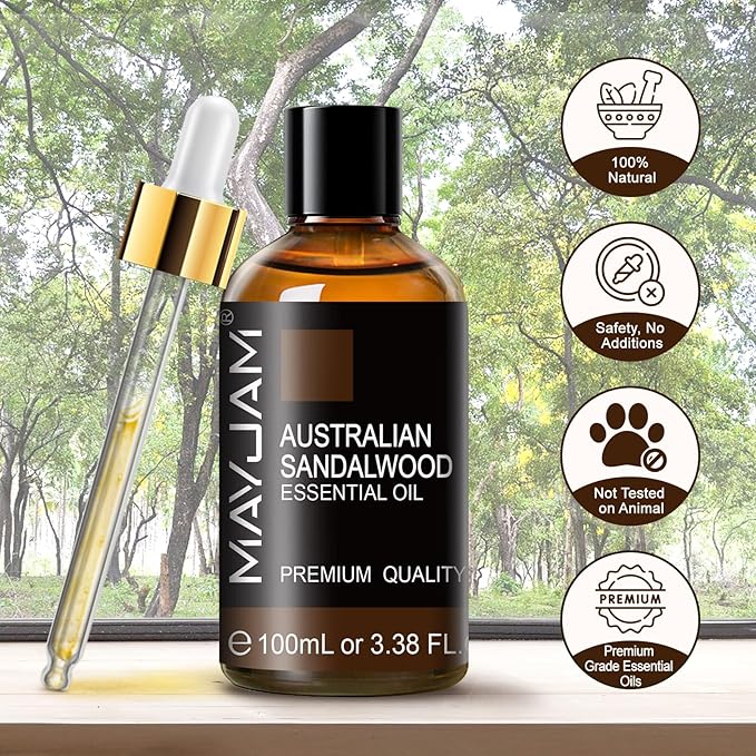 MAYJAM Australian Sandalwood Essential Oils 3.38 FL.OZ Pure Australian Sandalwood Oil for Massage Skin Care Hair Care Diffuser Candle and Soap Making - 100ml - Bloomnest