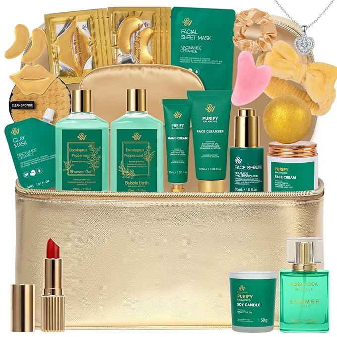 25 Pcs Valentines Day Gifts for Women, Eucalyptus Bath & Body Gift Set, Hydrating Skin Care Set, Spa & Self Care Gift, Cosmetic Bag, Necklace, Christmas, Birthday, Mother's Day - Bloomnest
