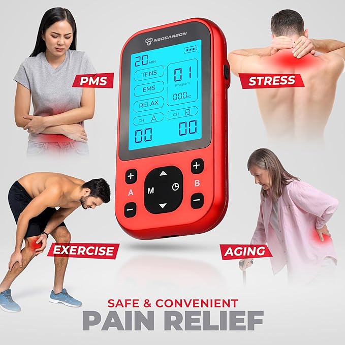 TENS Unit Muscle Stimulator Pro for Back Pain Relief, Shoulder Recovery and Physical Therapy, Electronic EMS Massager Machine with PMS Pulse for Effective Shock Therapy, Red - Bloomnest