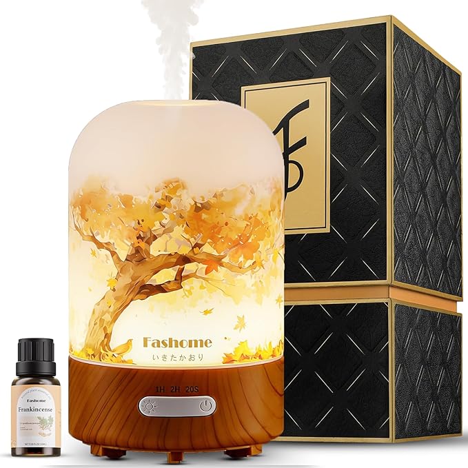 Hand Blown Glass Essential Oil Diffuser, 100ml Small Ultrasonic Aromatherapy Mist Maker for Home, Bedroom, Office, Auto Shut-Off, Cool Mist Humidifier with Warm White Light (Frankincense Oil) - Bloomnest