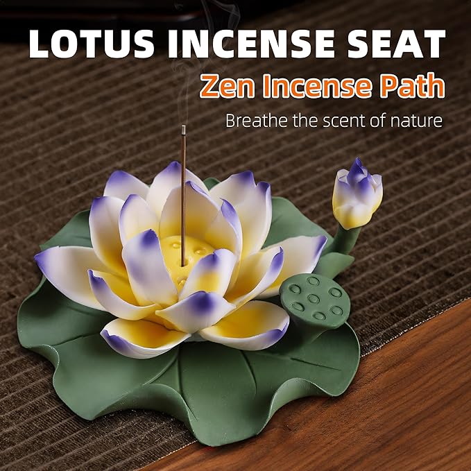 Lotus Incense Burner - Incense Burner Holder for Home Incense Holder Decor Incense Holder for Sticks Yoga, SPA (Z7-Blue-Yellow) - Bloomnest