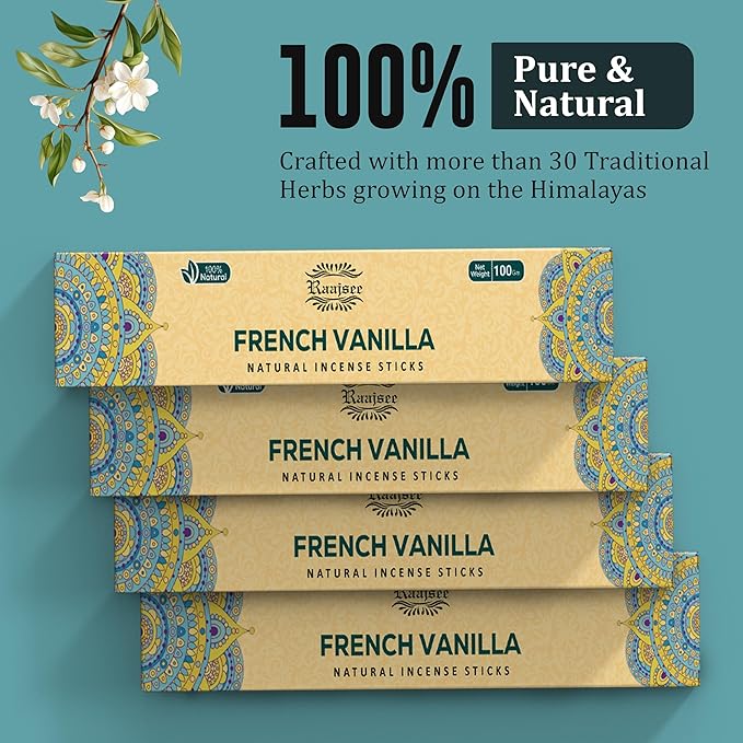 Raajsee French Vanilla Incense Sticks (180 gm), 100% Pure Organic Natural Hand Rolled Free from Chemicals - Perfect for Aromatherapy, Cleansing, Meditation, and Church (Pack of 12) - Bloomnest