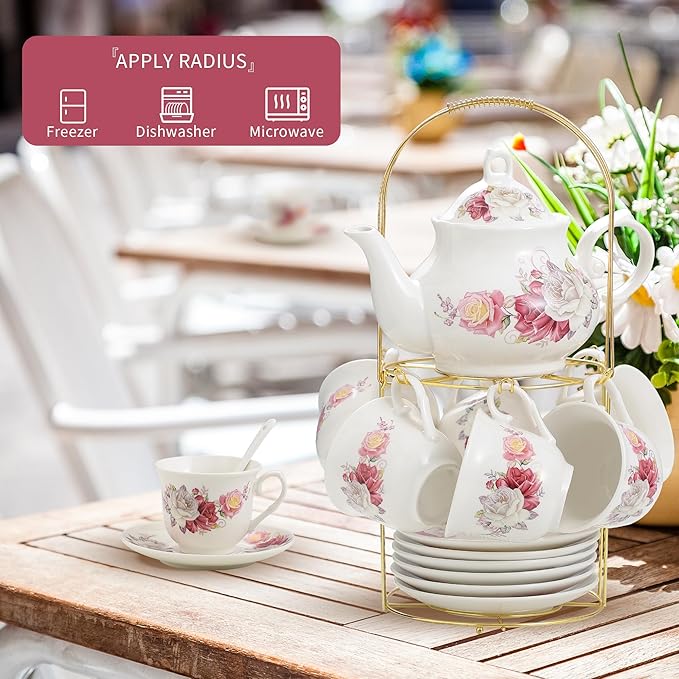 20-Pieces Porcelain Bone china Tea Sets,Gold Rim Coffee Set with Golden Metal Rack,Tea Gift Sets for Home&Party(003) - Bloomnest