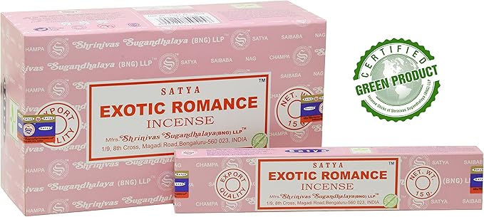EARTH Satya Exotic Romance Incense Sticks 15 GMS (Pack of 12) (Green Certified) Indian Perfumed Hand Rolled Agarbatti Perfect for Worship,Relaxation, Medication. Earth