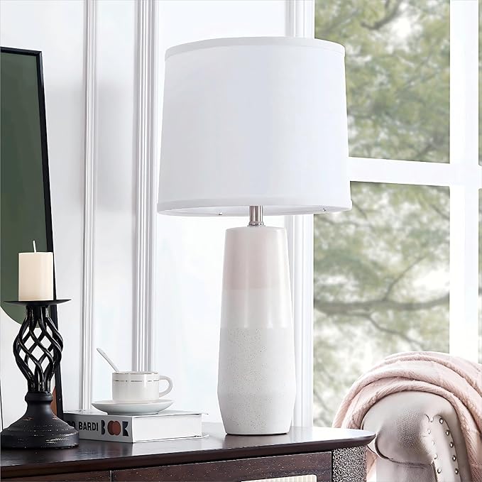 25.25" White Ceramic Table Lamps for Living Room, Ceramic White Lamps Set of 2 for Nightstand, Minimalist Beige Table Lamp Set of 2 for Bedroom, Console Reading Table Lamps - Bloomnest