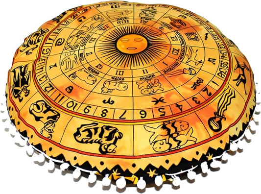 CRAFT KALA 32" Round Large Round Bohemian Floor Pillow Pouf Cover Mandala Meditation Room Pillow Cover for Adults Boho Seating Poufs Cushion Cover for Kids Playroom Yellow Zodiac - Bloomnest