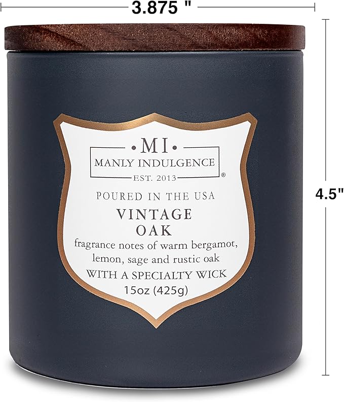 Manly Indulgence Vintage Oak Scented Candles for Men, 15 oz Wooden Wick, Premium Soy Blend Wax, 60H Burn, Candles for Home Scented - Made in The USA - Bloomnest