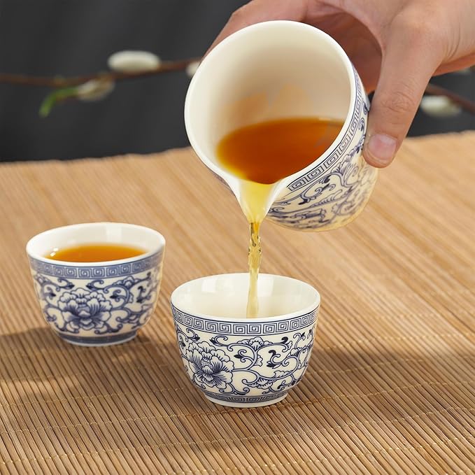 fanquare Kung Fu Tea Sets, Peony Pattern Blue and White Porcelain Teapot with Cups, Tea Tray, Chinese Tea Ceremony Set with Fair Cup, Tea Canister for Home Office and Gifts