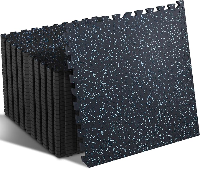 SUPERJARE 0.4'' Thick 24 Pcs 96 Sq Ft Rubber Top Exercise Equipment Mats, High Density EVA Foam Mats with Rubber Top, Interlocking Gym Flooring for Home Gym, Protective Workout Mat, Black/Blue - Bloomnest