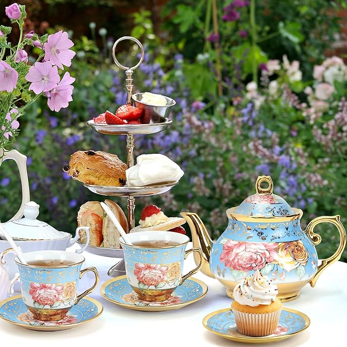 20 Pcs Porcelain Tea Set with Metal Holder, Adult Tea Set Gift, European Ceramic Tea Set for Adults, Flower Tea Cup Saucer Set for Party With Gold Flower Painting (Serene Blue) - Bloomnest