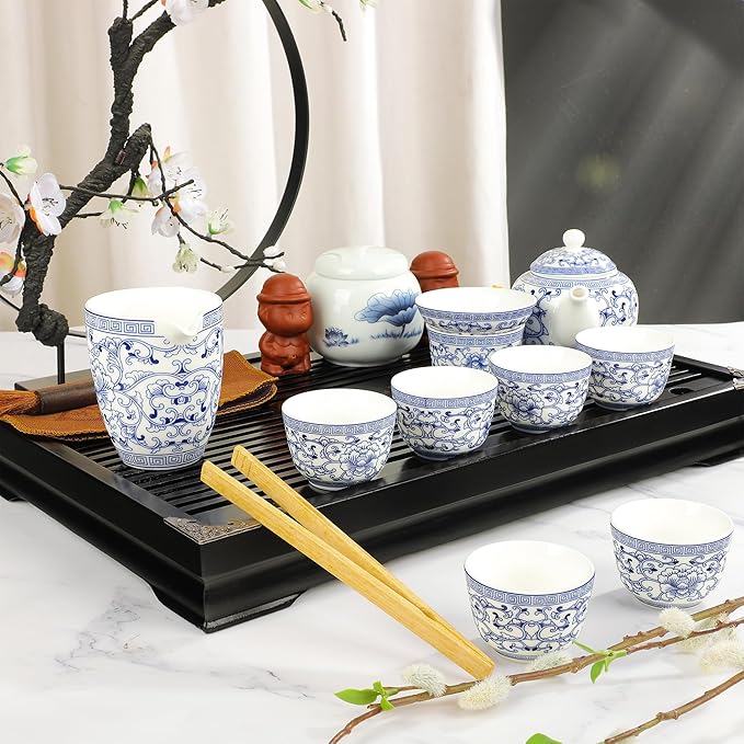 fanquare Kung Fu Tea Sets, Peony Pattern Blue and White Porcelain Teapot with Cups, Tea Tray, Chinese Tea Ceremony Set with Fair Cup, Tea Canister for Home Office and Gifts