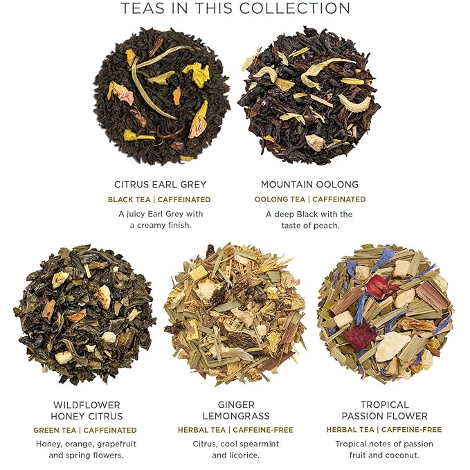 Tea Forte Demoiselle Petite Presentation Box Tea Gift Set Sampler, 10 Count, 2 of Each Variety Individually Wrapped Handcrafted Pyramid Infuser Bags - Bloomnest
