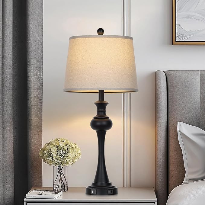 28.75" Black Table Lamps Modern 3-Way Dimmable Bedside Lamp with USB A+C Ports & AC Outlets for Living Room Bedroom Nightstand Lamp,Beige Fabric Shade Mid Century Accent Style - Bloomnest