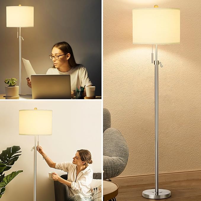 Brushed Nickel Floor Lamp for Living Room, Adjustable Height Standing Lamp with Metal Base, 3-Way Dimmable Tall Pole Light with White Linen Shade for Bedroom, Pull Chain Switch, 6W LED Bulb Included - Bloomnest