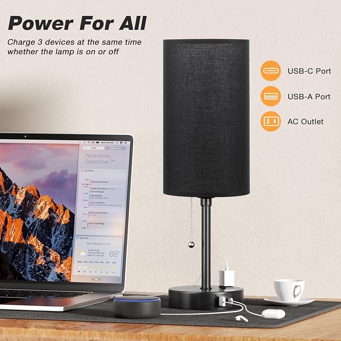 Dicoool 17Inch Tall Bedroom Lamps with USB C and A Ports 3 Color Temperatures - Pull Chain Black Nightstand Bedside Table Lamp with AC Outlet, Side Lamp for Living Room End Table - Bloomnest