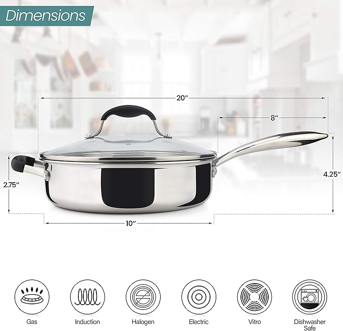 AVACRAFT 18/10 Tri-Ply Stainless Steel Saute Pan with Lid, Helper Handle, Induction & Stovetop, Versatile Stainless Steel Skillet, Cookware (3.5 Quarts) - Bloomnest