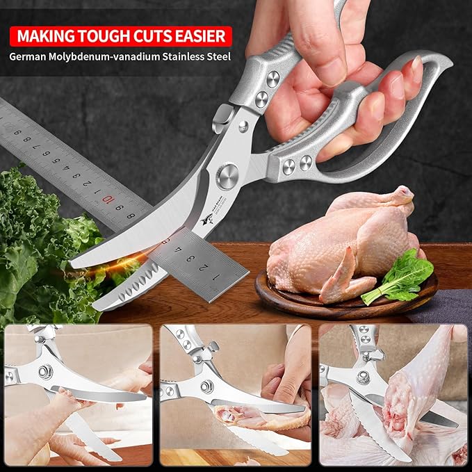 MAD SHARK Heavy Duty Poultry Shears, Kitchen Shears with Non-Slip Handle & Safety Lock, All Purpose Kitchen Scissors for Chicken, Meat Cutting, Turkey, Fish, Vegetables, Spring Loaded, Dishwasher Safe - Bloomnest