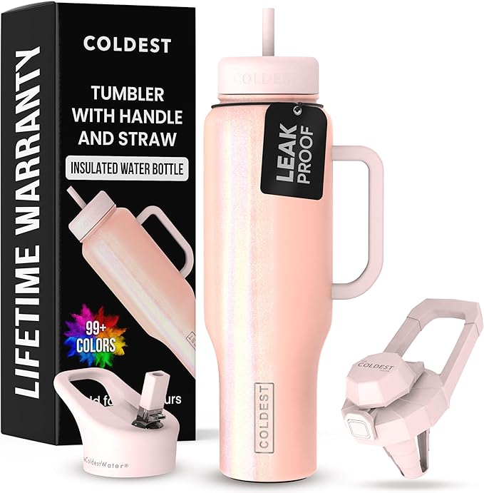 Coldest Tumbler with Handle and Straw, 100% Spill Proof Tumbler with Straw (3 Lids), Stainless Steel Insulated Leakproof Tumblers for Women Men, Cup Holder Friendly, 46 oz (Forever Pink Glitter) - Bloomnest