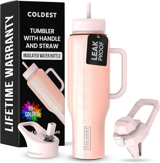 Coldest Tumbler with Handle and Straw, 100% Spill Proof Tumbler with Straw (3 Lids), Stainless Steel Insulated Leakproof Tumblers for Women Men, Cup Holder Friendly, 46 oz (Forever Pink Glitter) - Bloomnest