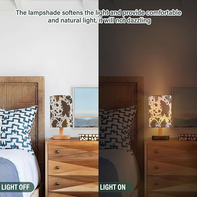 Table Lamp Cow Skin Brown Cowhide Pattern Nightstand Lamp with Wood Base Fabric Lamp Shade Bedside Desk Lamp for Living Room Bedroom Kids Room Office - Bloomnest