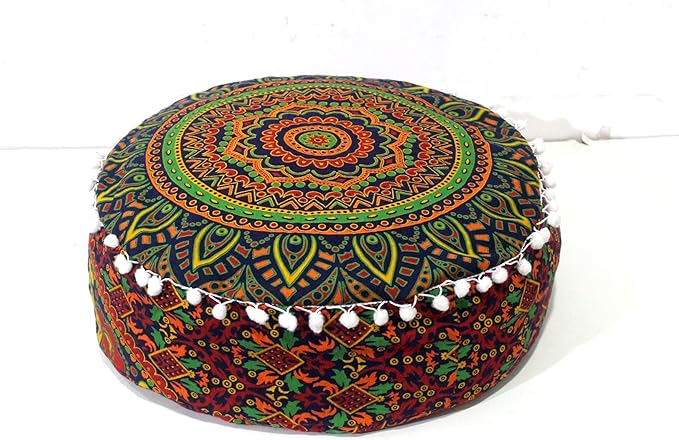 INDIAN CRAFT CASTLE ICC Floor Pillows & Cushion Covers Decorative Hippie Mandala Pouf Pillow Covers Seating Meditation Cushion Cover Large Boho Ottoman Case Pillowcase Couch New Blue, 16" Round - Bloomnest