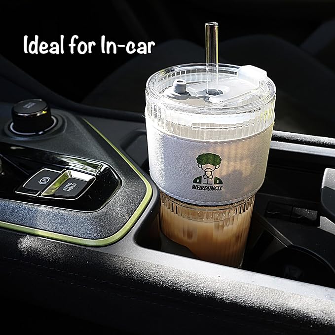 Set of 2 Ribbed Glass Tumbler with Lids and Straws, 20oz Vintage Clear Glass cups, Large capacity, Unbreakable, Fluted Design, Ideal for Travel, Iced Coffee,Smoothie, Tea, Latte, Gift