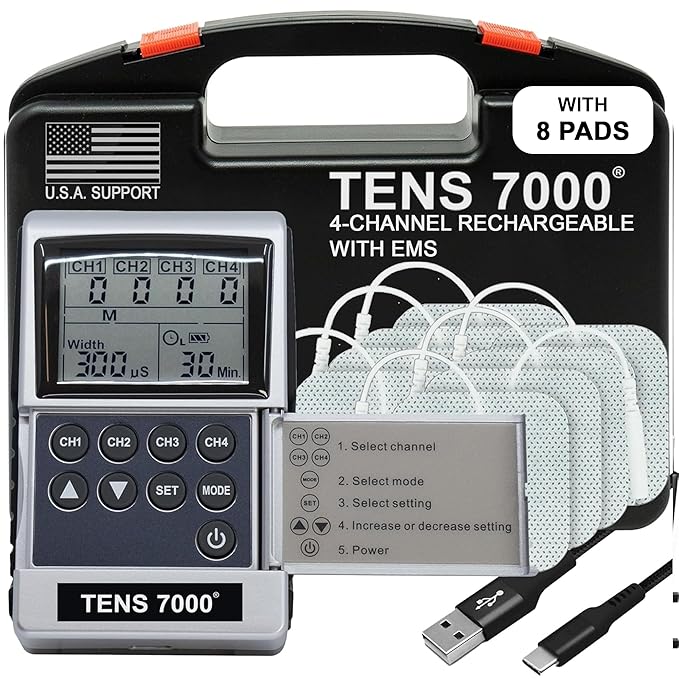 TENS 7000 Pro Rechargeable Tens Unit Muscle Stimulator, 4 Channels, Back Pain Relief, 8 Electrodes/Unit Pads, EMS and TENS Machine, Muscle Recovery & Growth, Stim Machine, Electrotherapy TENS7000