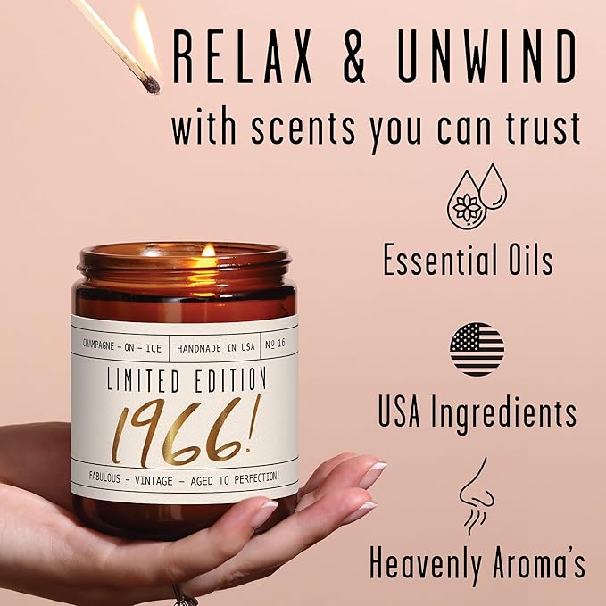 59th Birthday Gifts for Women - 'Limited Edition 1966' Soy Candle, w/Champagne on Ice I 59 Birthday Gifts for Women I 59th Gift for Her Ideas I 9oz Reusable Jar, 50Hr Burn, Made in USA - Bloomnest