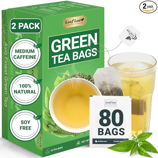 LeafLea 80 Premium Green Tea Bags, Pure Green Tea Leaves, Bright & Mild Flavor with Caffeine, Daily Wellness and Naturally Uplifting, Sugar-Free, Non-GMO, Vegan, Individually Wrapped (2 Pack) - Bloomnest