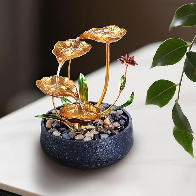 Tabletop Fountain Metal Lotus Circulating Fountain Water Feature for Zen Home Decor Warm Yellow Scene Light(23034) - Bloomnest