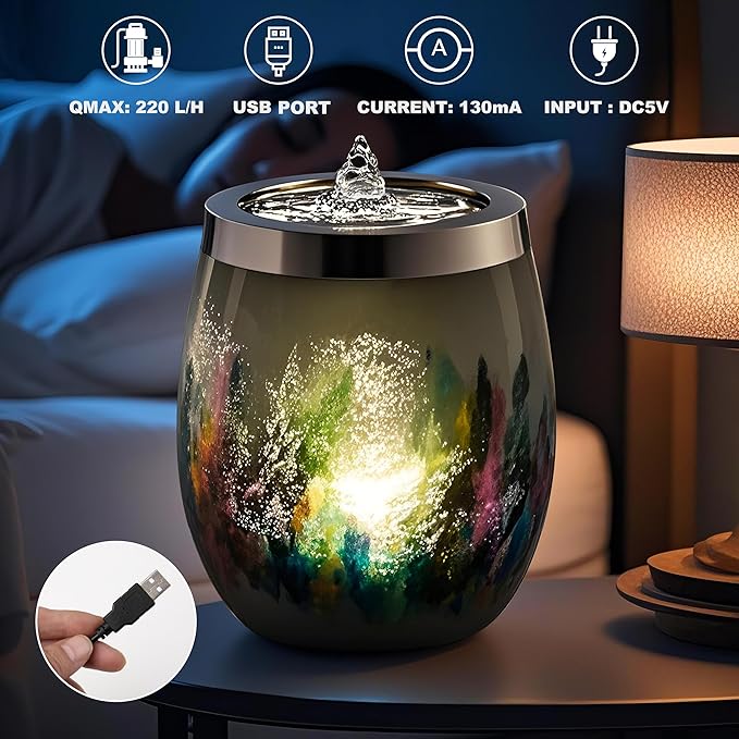 VOREEN Handblown Glass Tabletop Fountain - Art Glass Indoor Fountain with Cool White Ambient Glow - Optional Aromatherapy for Home, Spa, Office Décor - Grey - Bloomnest