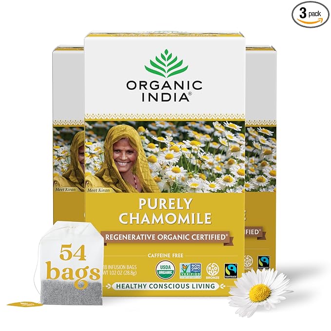 Organic India Purely Chamomile Tea - Regenerative Organic Chamomile Flowers, Caffeine Free, Calming & Relaxing Herbal Tea, Natural Support for Sleep & Relaxation - 18 Bags, Pack of 3 - Bloomnest